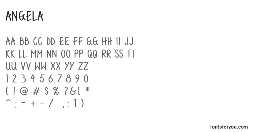A fonte Angela (119598) – alfabeto, números, caracteres especiais