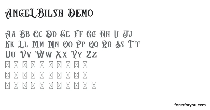 A fonte AngeLBilsh Demo – alfabeto, números, caracteres especiais