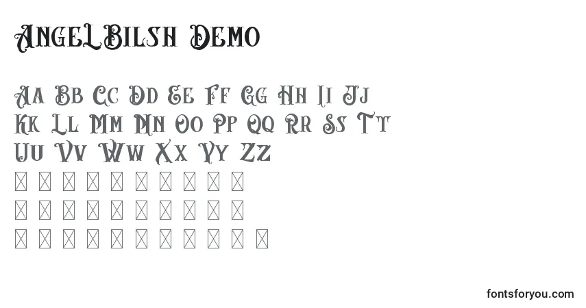 A fonte AngeLBilsh Demo (119600) – alfabeto, números, caracteres especiais