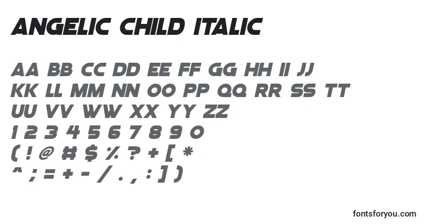 Schriftart Angelic Child Italic – Alphabet, Zahlen, spezielle Symbole