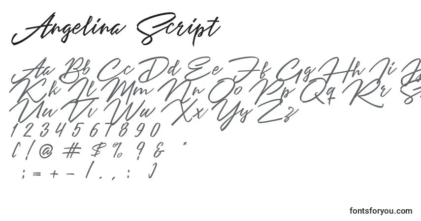 A fonte Angelina Script – alfabeto, números, caracteres especiais