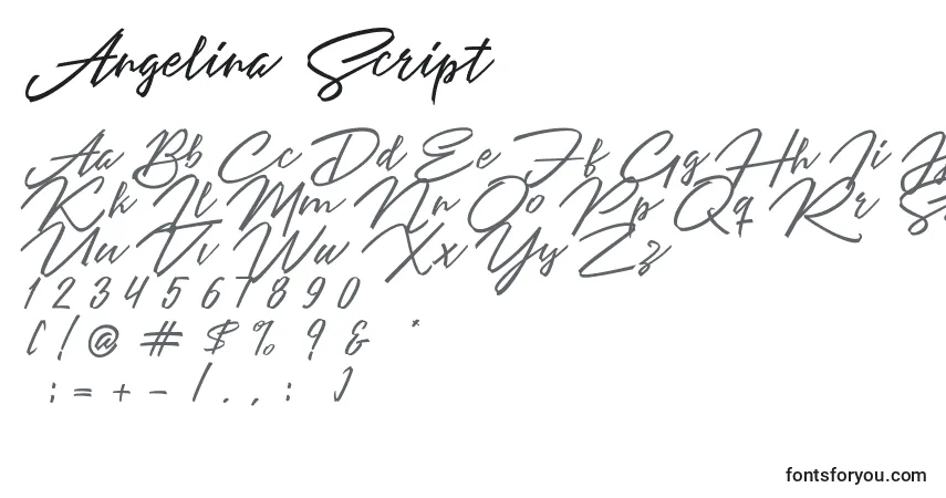 A fonte Angelina Script (119616) – alfabeto, números, caracteres especiais