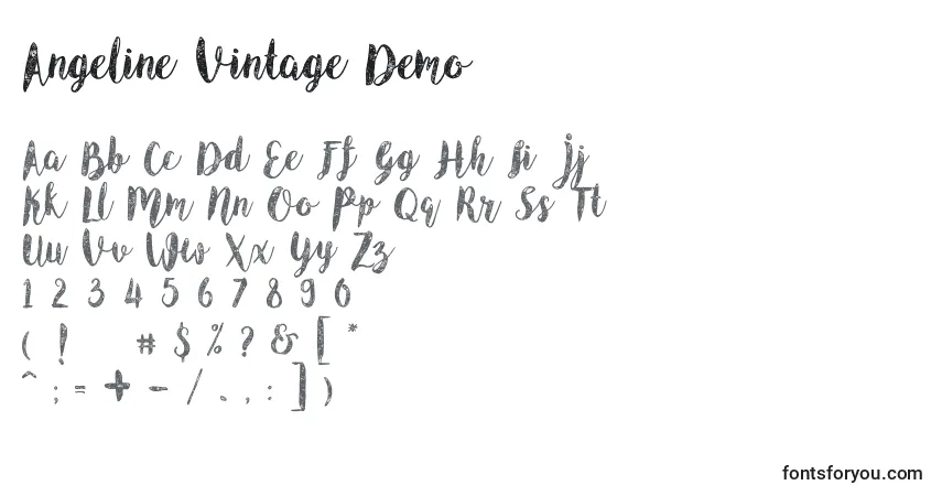 Czcionka Angeline Vintage Demo – alfabet, cyfry, specjalne znaki