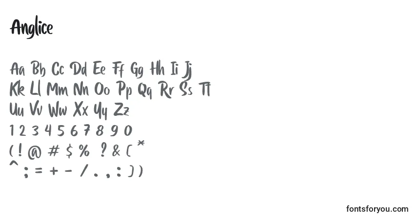 Schriftart Anglice – Alphabet, Zahlen, spezielle Symbole