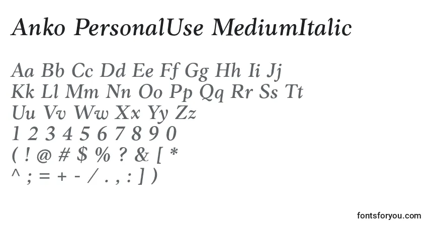 A fonte Anko PersonalUse MediumItalic – alfabeto, números, caracteres especiais