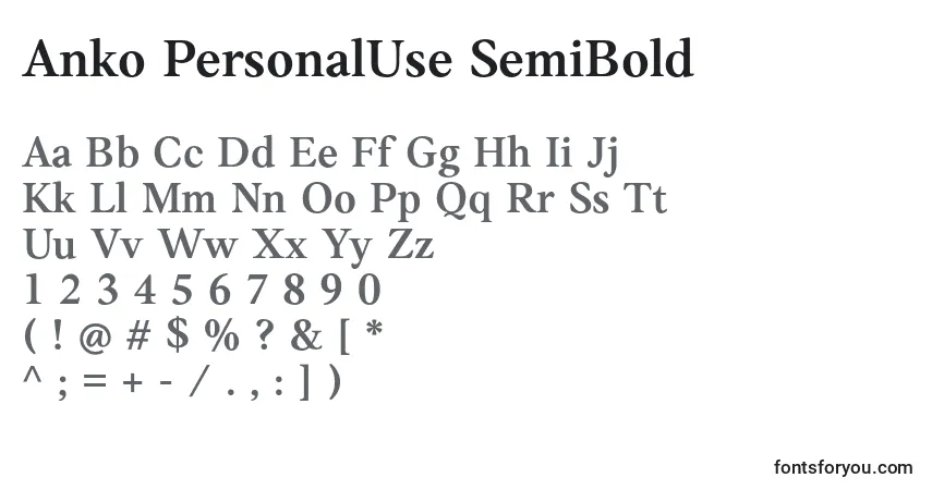 Шрифт Anko PersonalUse SemiBold – алфавит, цифры, специальные символы