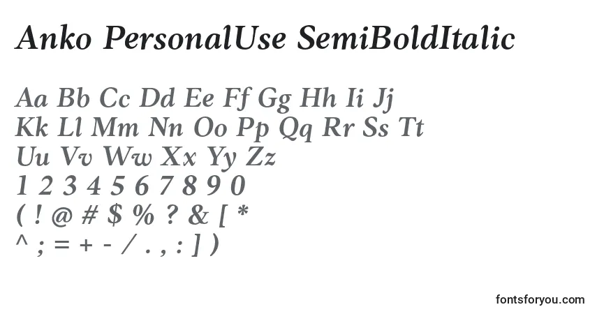 Schriftart Anko PersonalUse SemiBoldItalic – Alphabet, Zahlen, spezielle Symbole