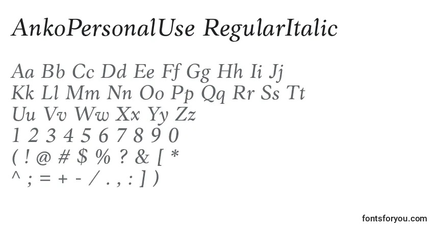 Czcionka AnkoPersonalUse RegularItalic – alfabet, cyfry, specjalne znaki