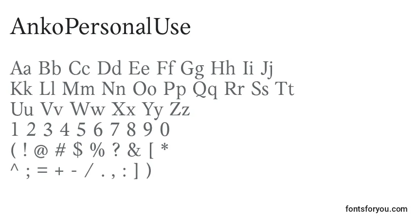 A fonte AnkoPersonalUse – alfabeto, números, caracteres especiais
