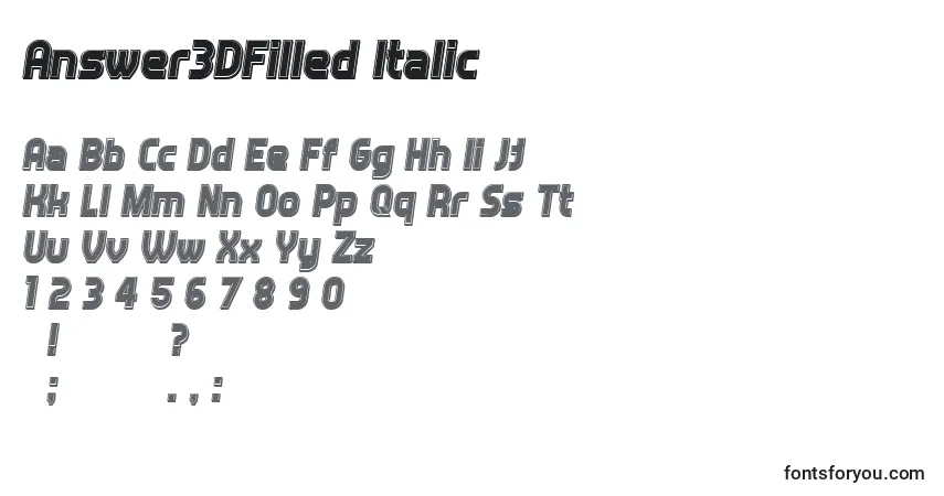 Шрифт Answer3DFilled Italic – алфавит, цифры, специальные символы