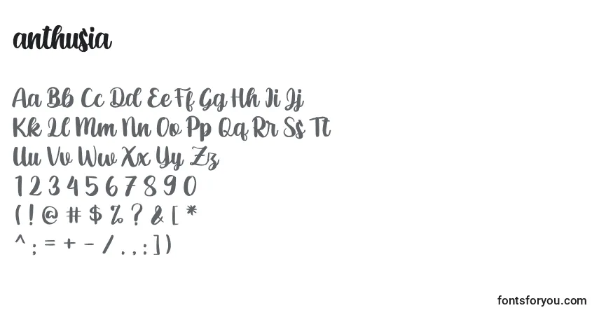 Schriftart Anthusia – Alphabet, Zahlen, spezielle Symbole