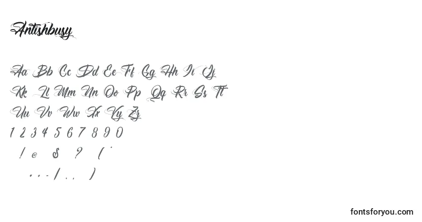 Czcionka Antishbusy – alfabet, cyfry, specjalne znaki