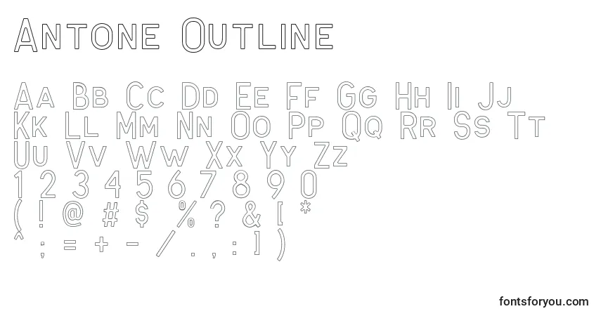 Czcionka Antone Outline – alfabet, cyfry, specjalne znaki