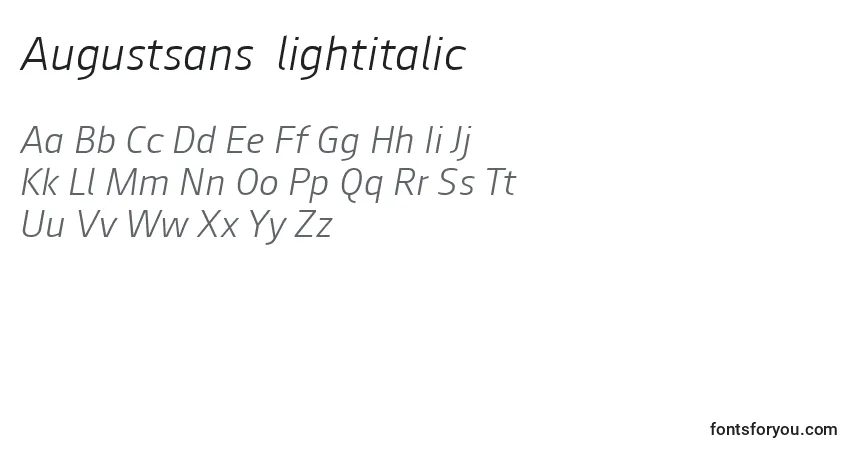 Шрифт Augustsans46lightitalic – алфавит, цифры, специальные символы