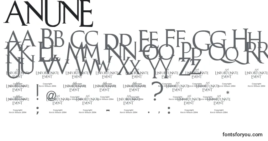 A fonte ANUNE    (119786) – alfabeto, números, caracteres especiais