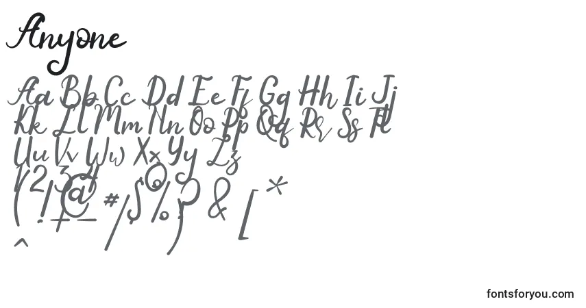 Czcionka Anyone – alfabet, cyfry, specjalne znaki