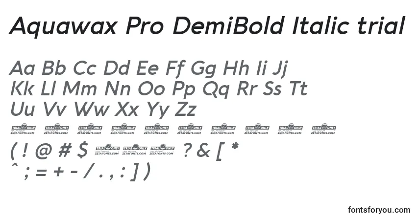 A fonte Aquawax Pro DemiBold Italic trial – alfabeto, números, caracteres especiais