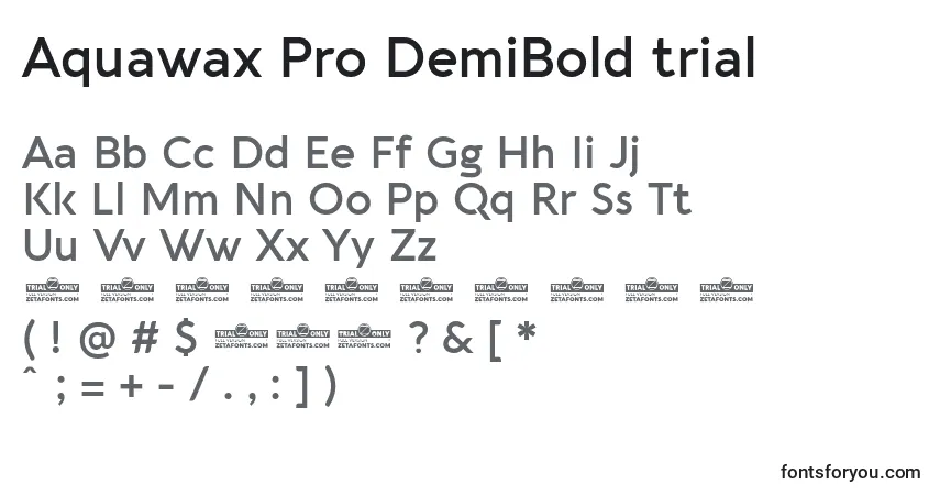 A fonte Aquawax Pro DemiBold trial – alfabeto, números, caracteres especiais