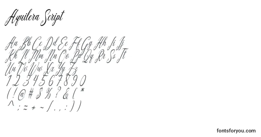 Czcionka Aquilera Script – alfabet, cyfry, specjalne znaki