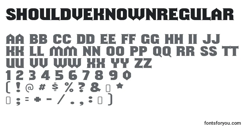 Czcionka ShouldveknownRegular – alfabet, cyfry, specjalne znaki