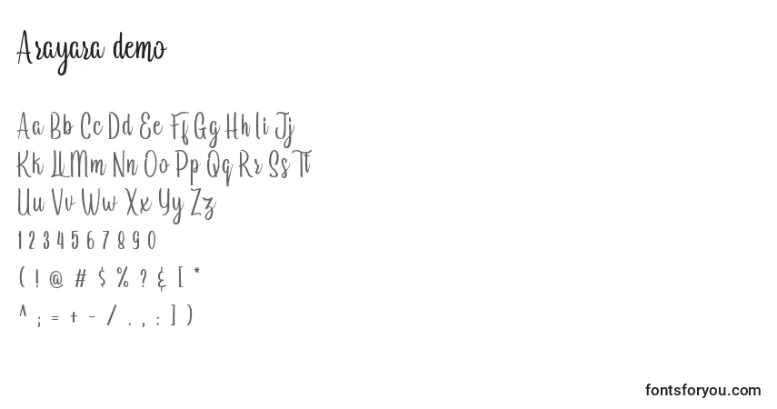 Schriftart Arayara demo – Alphabet, Zahlen, spezielle Symbole