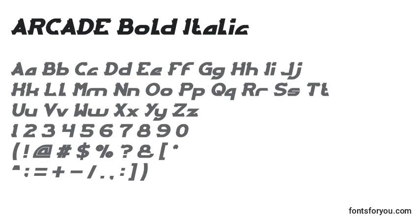 A fonte ARCADE Bold Italic – alfabeto, números, caracteres especiais