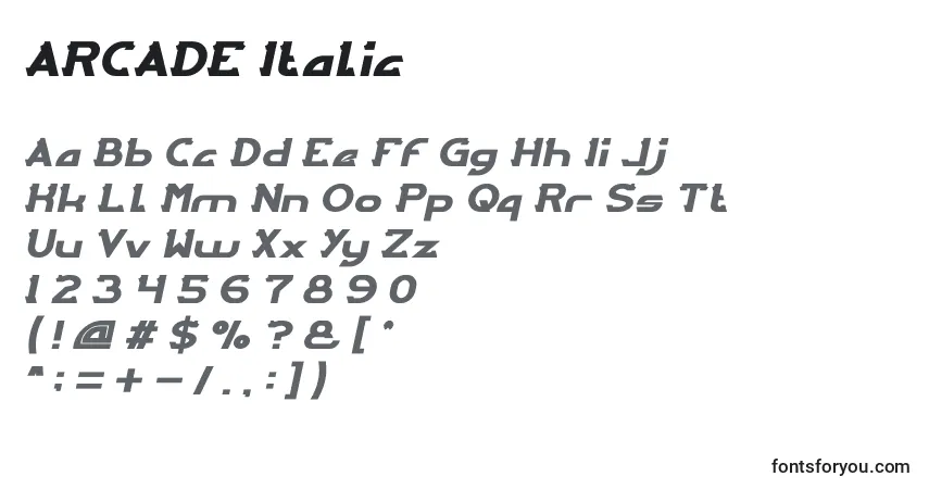 Schriftart ARCADE Italic – Alphabet, Zahlen, spezielle Symbole