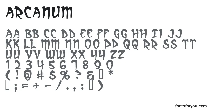 Schriftart Arcanum (119857) – Alphabet, Zahlen, spezielle Symbole