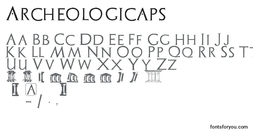 A fonte Archeologicaps (119859) – alfabeto, números, caracteres especiais