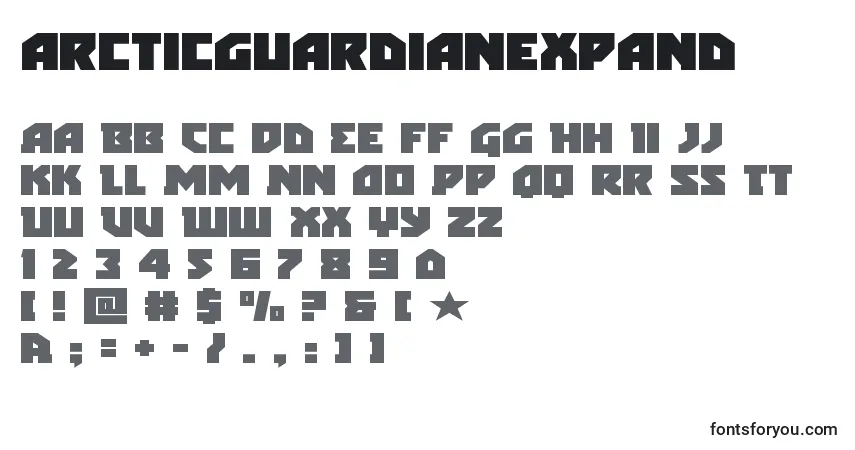 Schriftart Arcticguardianexpand – Alphabet, Zahlen, spezielle Symbole