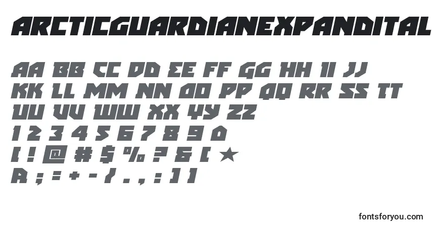 Czcionka Arcticguardianexpandital – alfabet, cyfry, specjalne znaki