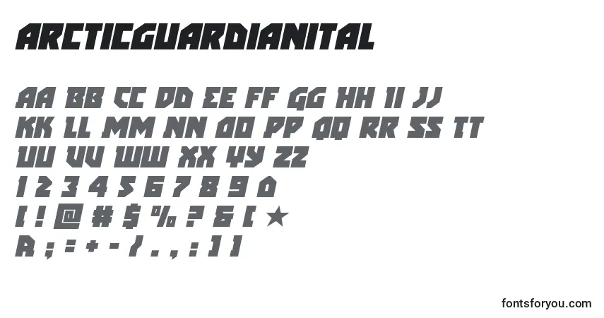Czcionka Arcticguardianital – alfabet, cyfry, specjalne znaki