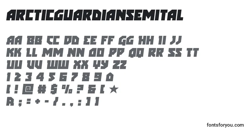Czcionka Arcticguardiansemital – alfabet, cyfry, specjalne znaki