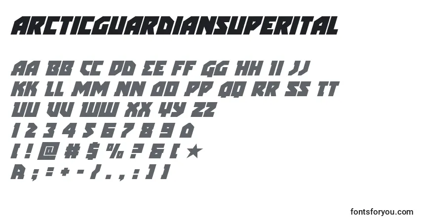Schriftart Arcticguardiansuperital – Alphabet, Zahlen, spezielle Symbole