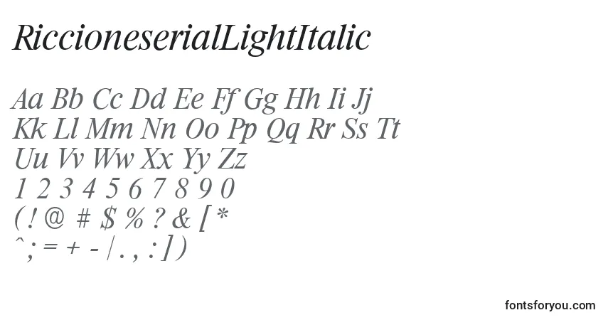 Шрифт RiccioneserialLightItalic – алфавит, цифры, специальные символы
