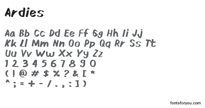 A fonte Ardies – alfabeto, números, caracteres especiais