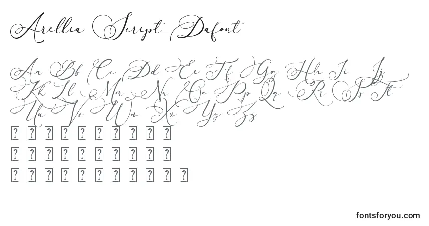 Czcionka Arellia Script Dafont – alfabet, cyfry, specjalne znaki