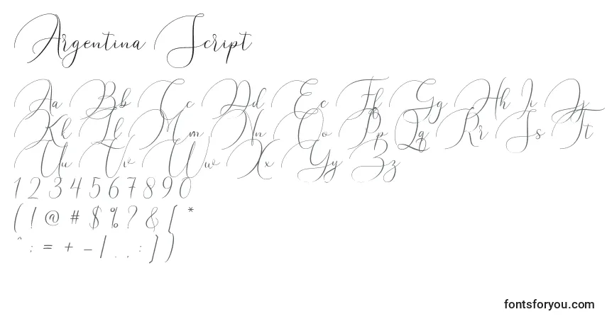 Fuente Argentina Script (119907) - alfabeto, números, caracteres especiales
