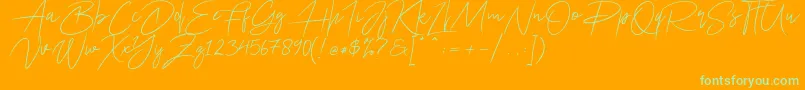 Ariel Script-Schriftart – Grüne Schriften auf orangefarbenem Hintergrund