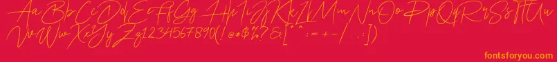 Ariel Script-Schriftart – Orangefarbene Schriften auf rotem Hintergrund