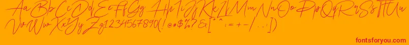 Ariel Script-Schriftart – Rote Schriften auf orangefarbenem Hintergrund