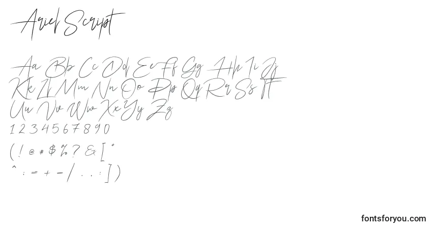 Czcionka Ariel Script (119917) – alfabet, cyfry, specjalne znaki