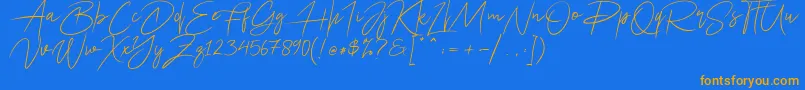 Ariel Script-Schriftart – Orangefarbene Schriften auf blauem Hintergrund