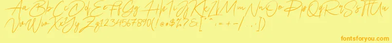 Ariel Script-Schriftart – Orangefarbene Schriften auf gelbem Hintergrund