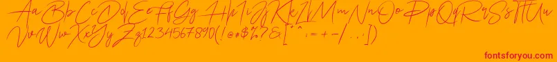 Ariel Script-Schriftart – Rote Schriften auf orangefarbenem Hintergrund