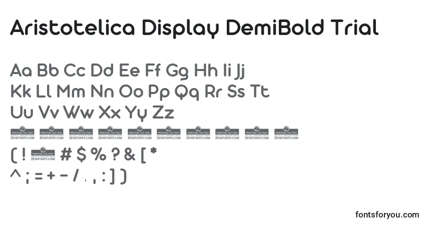 A fonte Aristotelica Display DemiBold Trial – alfabeto, números, caracteres especiais