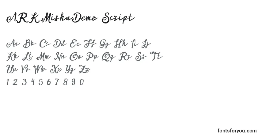 Czcionka ARKMishaDemo Script – alfabet, cyfry, specjalne znaki
