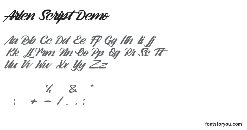 Arlen Script Demo-fontti – aakkoset, numerot, erikoismerkit