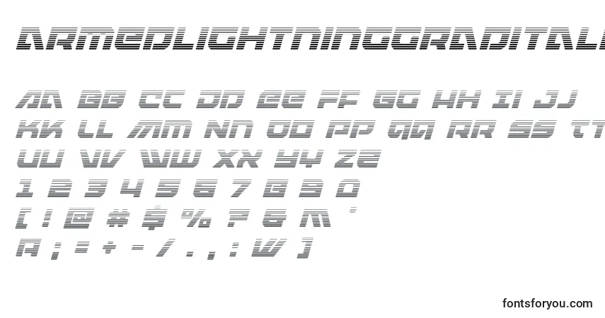 Шрифт Armedlightninggraditalic (119970) – алфавит, цифры, специальные символы