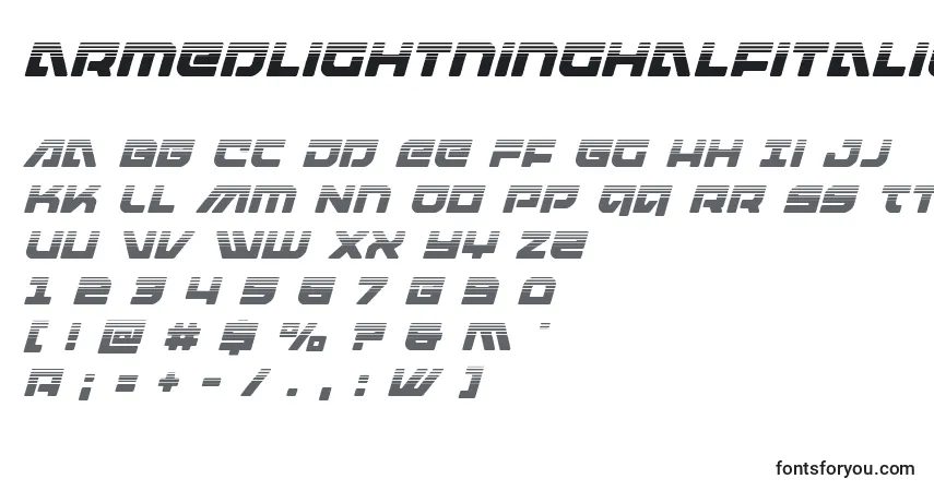 Шрифт Armedlightninghalfitalic (119972) – алфавит, цифры, специальные символы